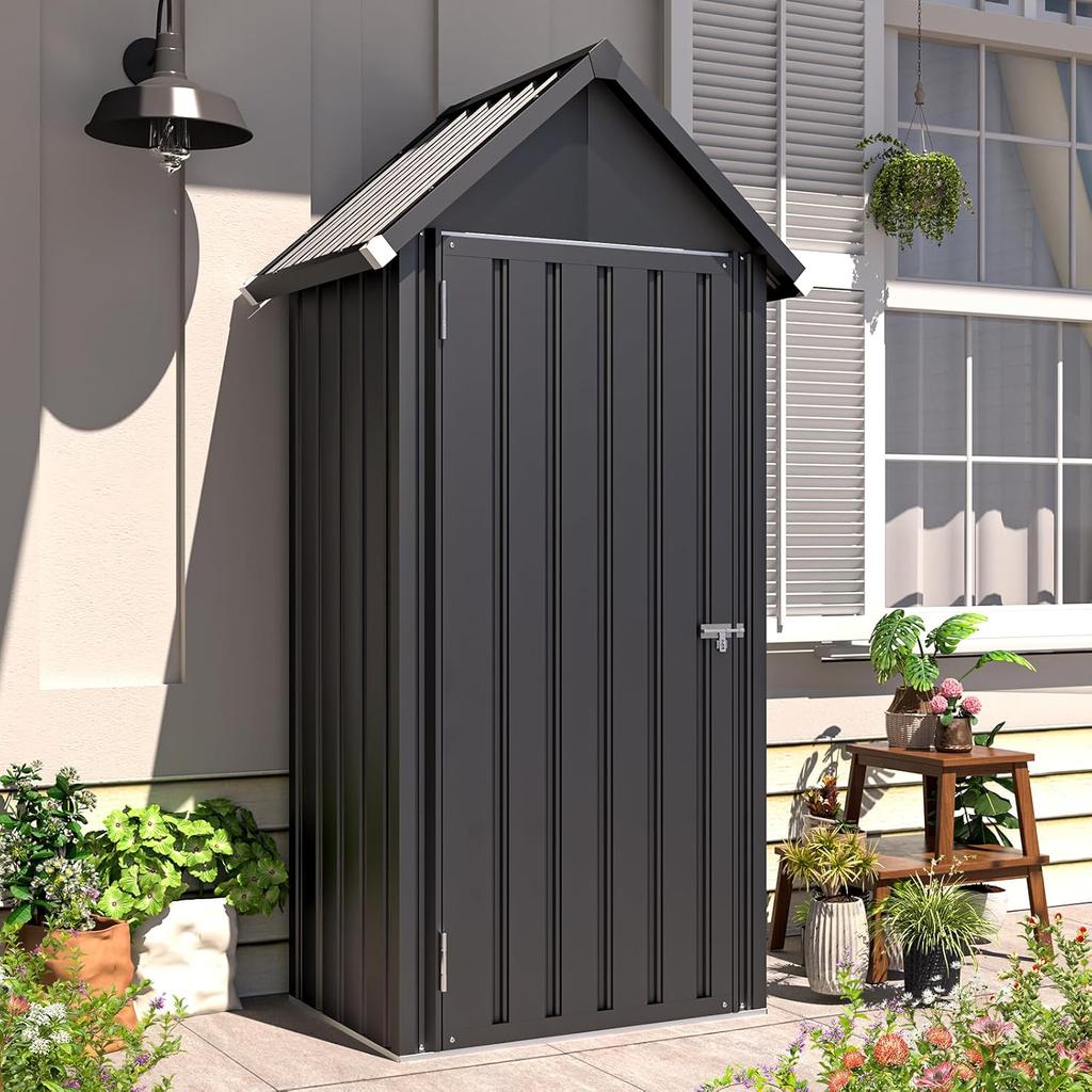 YODOLLA Garden Shed with Base and Lockable Lock, Galvanised Steel, 86 x 55 x 178 cm, Dark Gray