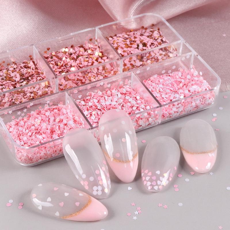 6 Grids Cute Heart Glitter Nail Sequins Kawaii Mini Golden Red Laser Love Round Nail Flake Korean Star Diy Nail Charm Supplies