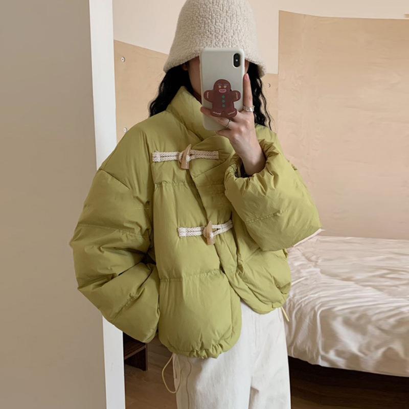 Two horn buckle down jacket women's short 2024 winter fashion stand-up collar sweet warm white duck down bread jacket tide