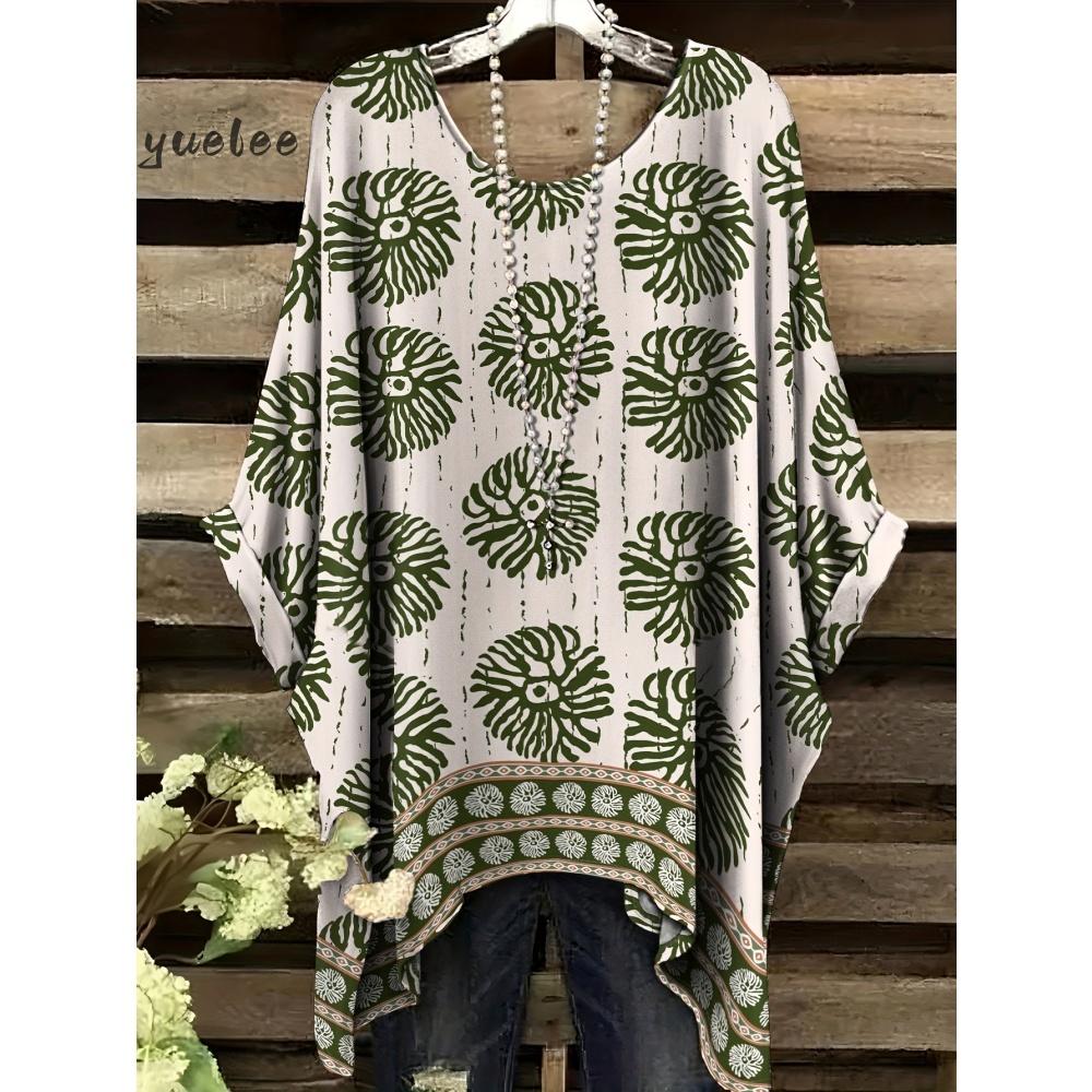 Damenbekleidung Bohemian Floral Tunika Übergröße Damen Bohemian Floralprint Tunika T-Shirt Kurzarm O-Ausschnitt Freizeitkleidung