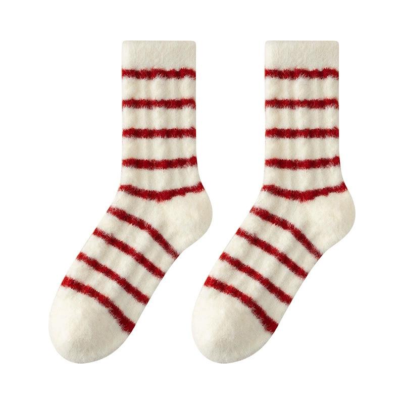 1 Pair Thick Socks for Women Mid Tube Socks Christmas Gift Middle Socks Warm Soft Red White Stripes Winter