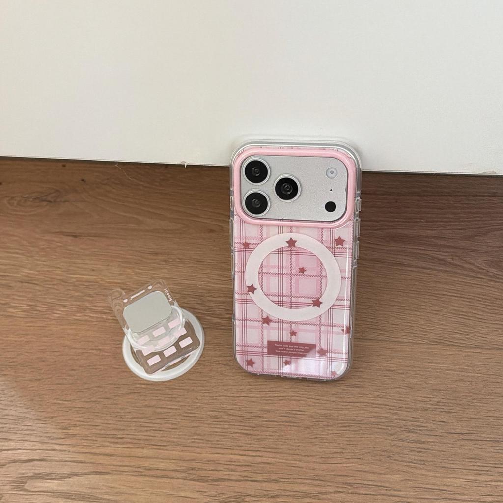 Korean-Style Pink Plaid Star Phone Case for iPhone 16/15/14/17 Pro Max 