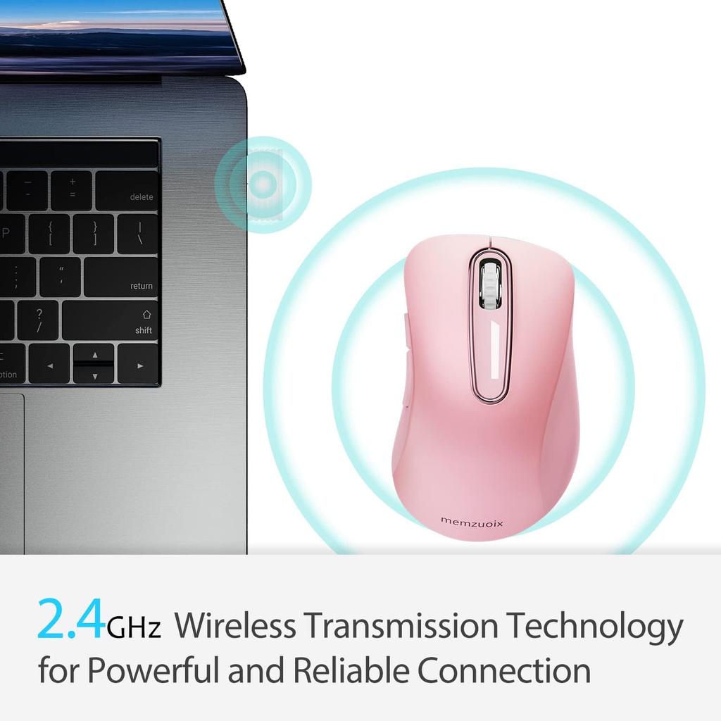 memzuoix Wireless Ergonomic 1400DPI Optical Instant Insertion USB Receiver 5 Compatible with Chrome Pink Mouse, 2.4GHz, Design, Long-Term Use,