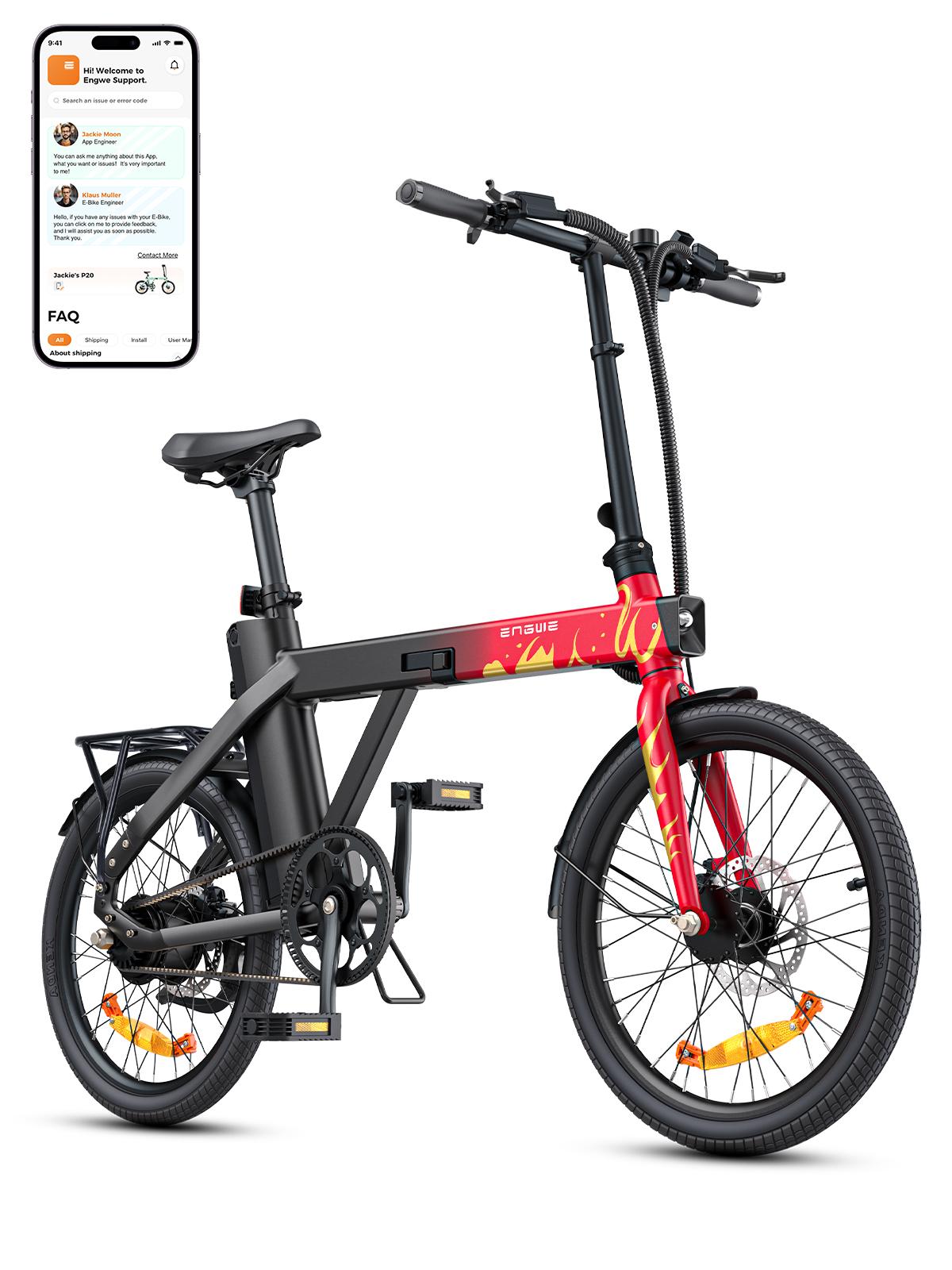 Engwe-P20 Red(Limited Edition) Folding Electric Bike for Adults 20*1.95 Tire City bike Mountain Beach Snow Bicycles, 48V 9.6AH Battery 100KM Range rosso