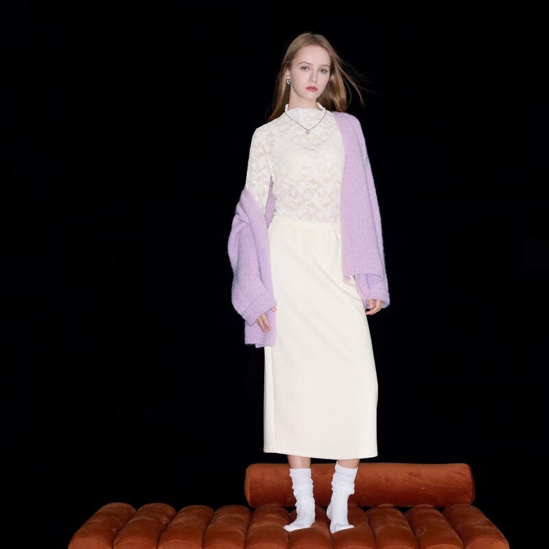 Sancai 2025 Winter Elastic Waist Slit Straight Midi Skirt M