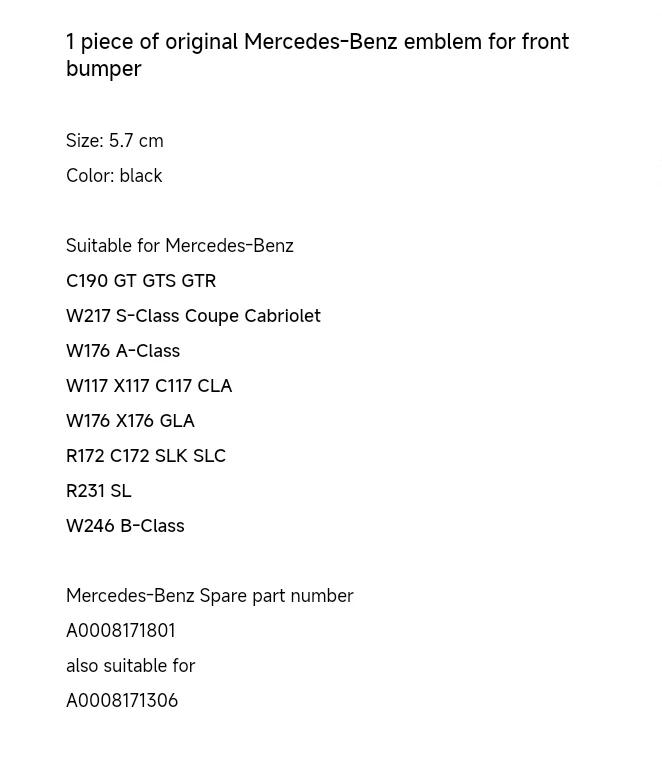 For Mercedes Benz For Mercedes-Benz Replacement Star Emblem Bumper SLK CLA S GLA A SLC A0008171801 same to A0008171306