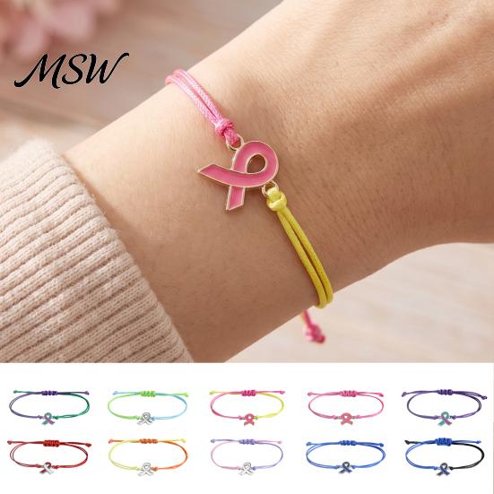 Sliding Knot Bracelet 2 Pcs Breast Cancer Awareness Bracelets, Adjustable Braided String Unisex Cord Bracelets with Ribbon Charm, Inspirational Gifts