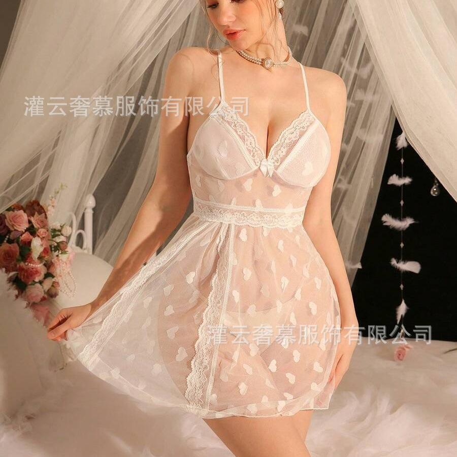 Новая кружевная сетчатая ночная рубашка, европейская и американская, сексуальная, прозрачная, на бретельках, женская сексуальная пижама S белый