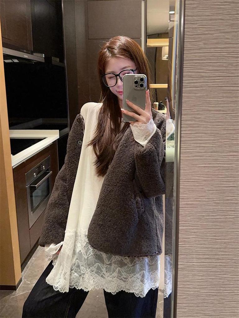 Korean Style Lace Crochet Patchwork Long Sleeve T-Shirt for Women - 2025 Spring/Autumn Casual Sweet Base Layer Top