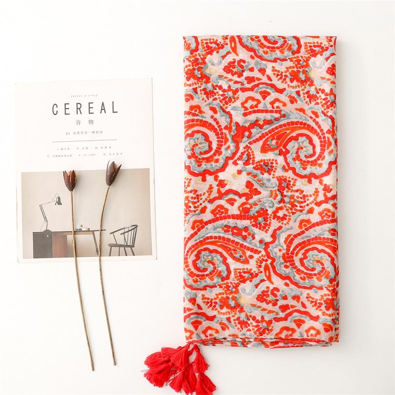 Patru anotimpuri Stil etnic retro Nori roșii de bun augur Exotic Turism personalizat cu protecție solară șal Bumbac și cânepă Textură Esarfă de mătase Femei