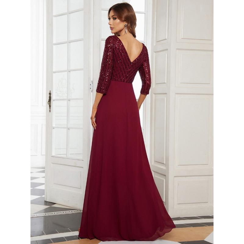 Abito da sera da donna in chiffon con scollo a V profondo, manica lunga, linea ad A, patchwork di paillettes