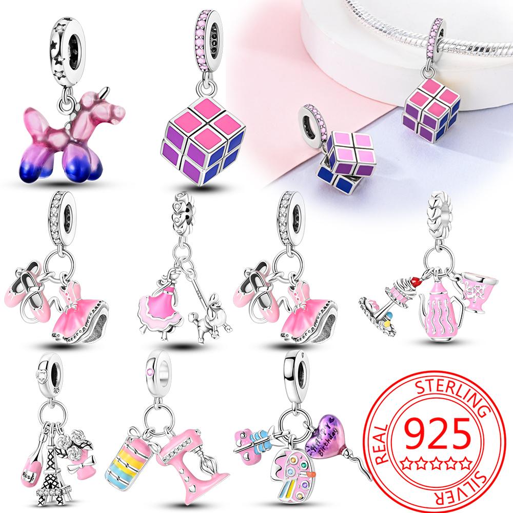 925 Silver Pink Doll Princess Pink Square Box Charm Pendant Beads Fit Charm Bracelet Women Jewelry Making