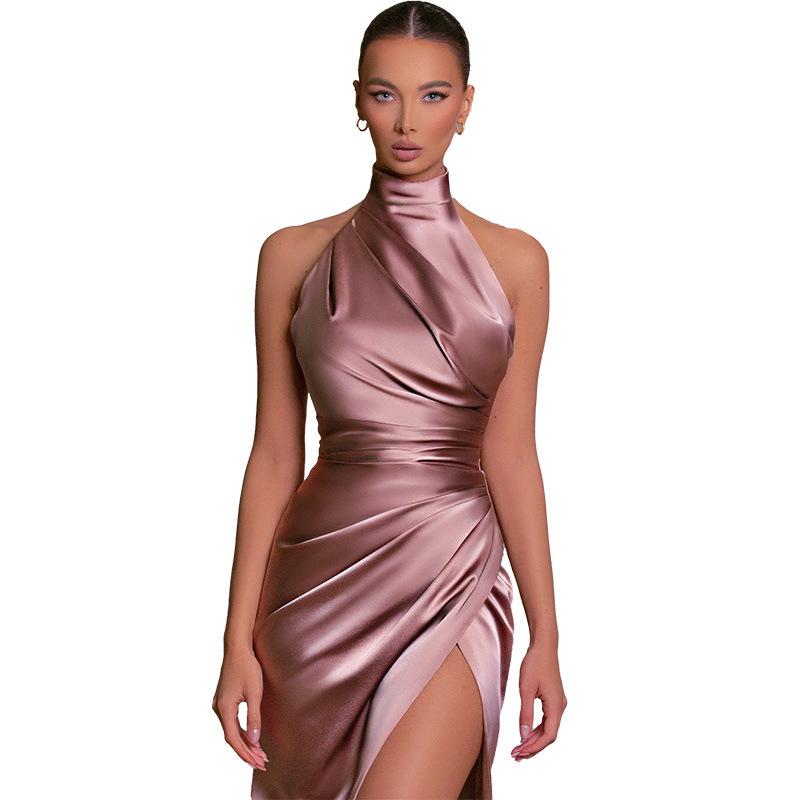 2023 Herbst Stilvolles Neckholder Ärmelloses Schlitz Abendkleid mit Stehkragen