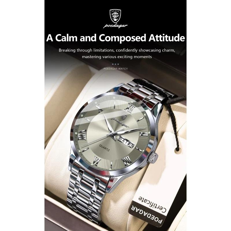 POEDAGAR Luxury Fashion Men Clock Waterproof Luminous Week Date Sports Wristwatch Stainless Steel Quartz Watches Reloj