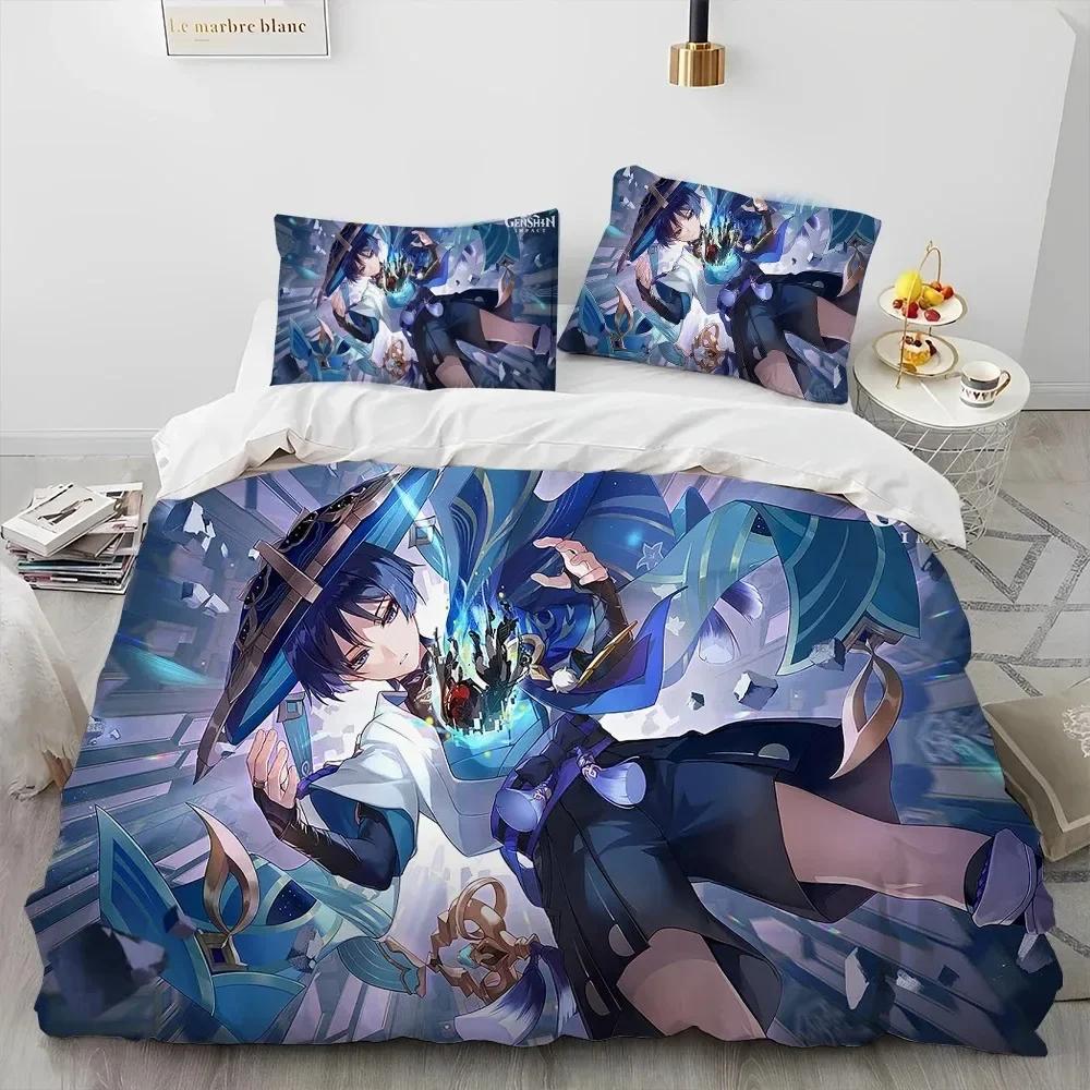 Genshin Impact Game Gamer Cartoon Comforter Bedding Set Printed Duvet Cover Pillowcase Single Double Queen Super King Size Sets