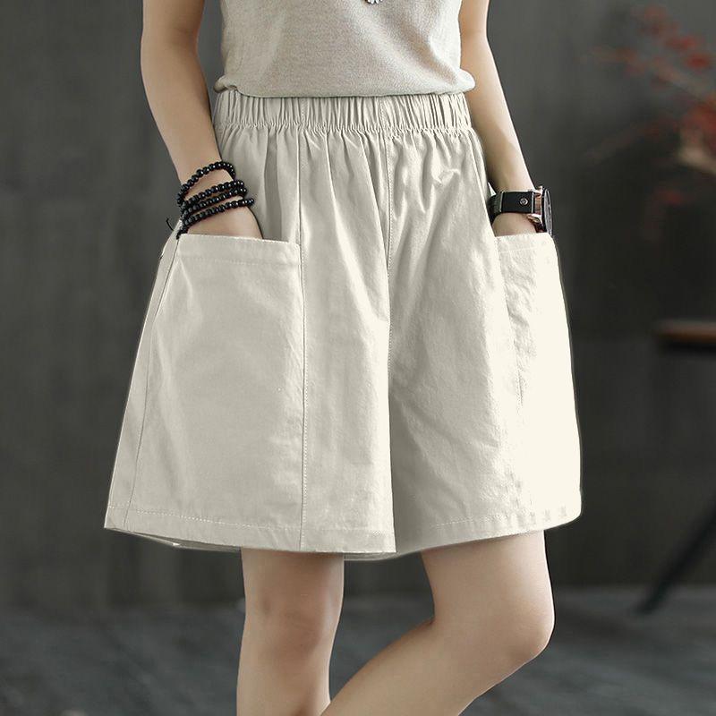 Women's Summer Casual Wide-Leg High Waist Plus Size Wool Shorts with Slimming Fit and Pockets