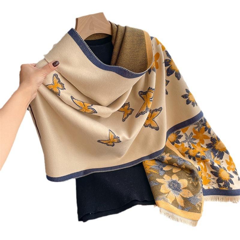 Elegant celebrity butterfly flower print scarf women's thickened warm imitation cashmere scarf double-sided versatile shawl
