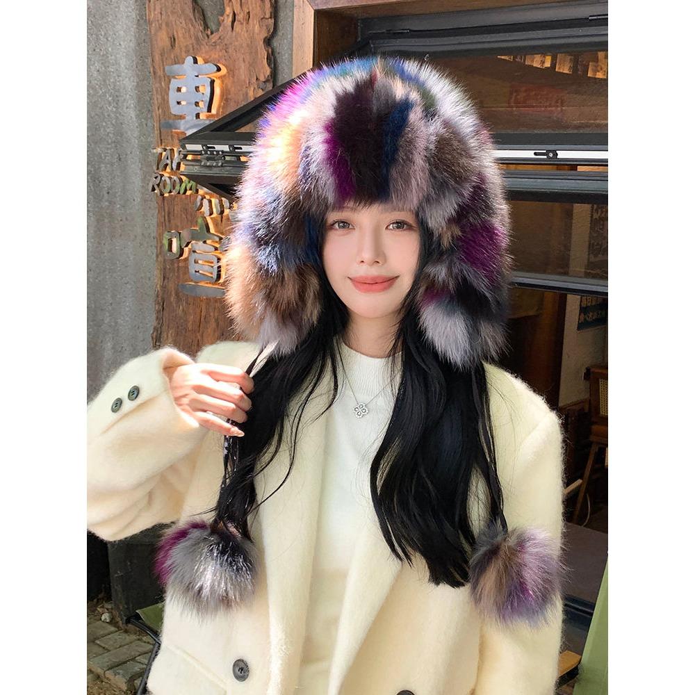 Chapéu de Proteção de Orelhas de Pele de Raposa Real Chapéu Lei Feng Chapéu de Ciclismo Fofo com Pompom para o Frio Chapéu de Lã Tricotado Quente e de Lã Chapéu de Bacia