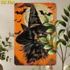 1pc Vintage Halloween Metal Tin Sign, Mystical Black Cat Witch Hat Wall Art, Spooky Orange Moonlight Night With Bats, 2D R