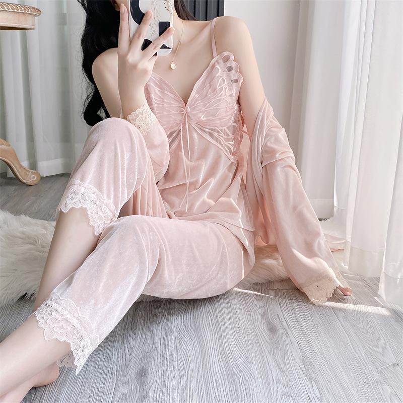 New golden velvet autumn and winter pajamas women's sexy backless suspender trousers set butterfly nightgown with chest pad air-conditioned clothes