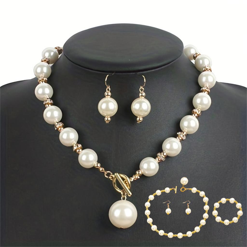 3 Stück/Set Faux-Perlen-Dekor Halskette Ohrring Armband Anzug Elegant Kurze Schlüsselbeinkette Halskette Alles Passende Schmuckaccessoires