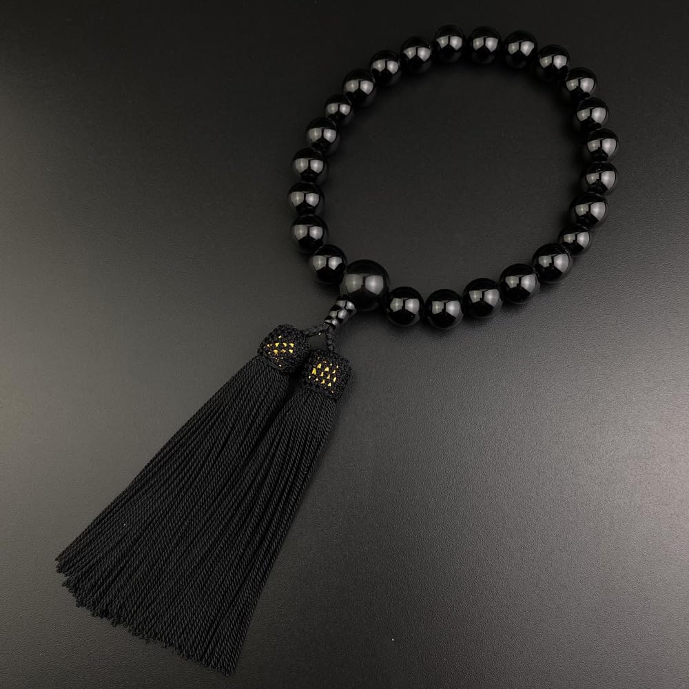 WONDERFUL LOTUS Buddhist Prayer Beads Juzu for Men Ebony Black Onyx Tiger Eye 22 Beads Pure Silk Tassel with Pouch for All Sects Funeral Memorial