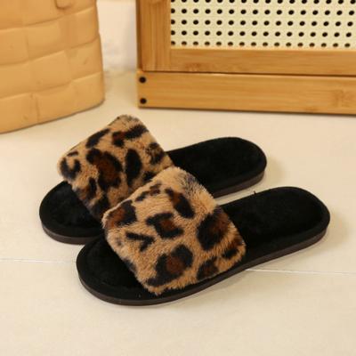 Leopard Women's Fur Flip Flops Home Plush Slippers Living Room Shoes Fashion Autumn Winter Indoor Warm EVA Anti Slip