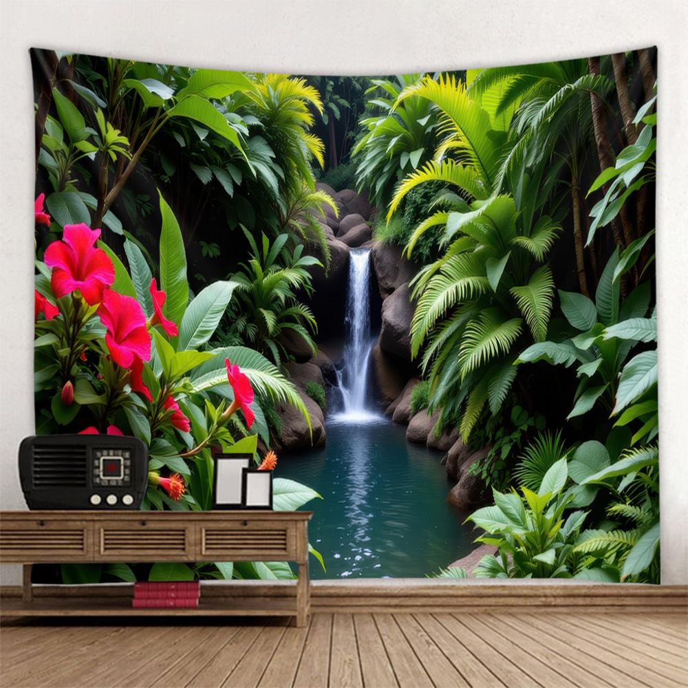 Forest Garden Waterfall Tapestry - Natural Healing Landscape for Tea House Decor Living Room Accent Wall Art Interior Decoration
