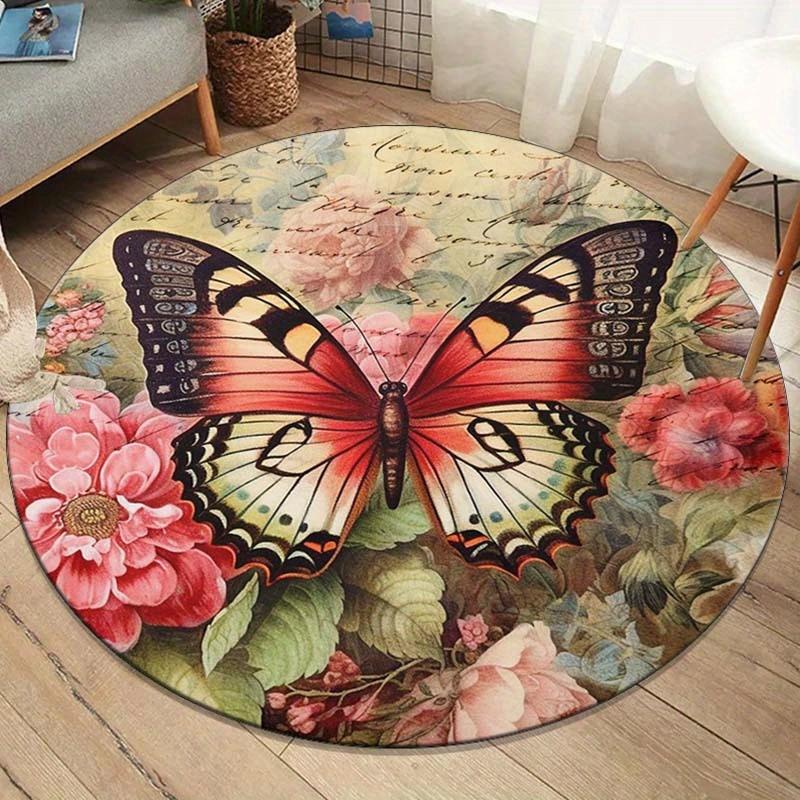 

1pc Polyester Round Butterfly Flower Pattern Round Rug - Suitable for Bedroom, Living Room, Home Decoration, Crystal Velvet 80cm
