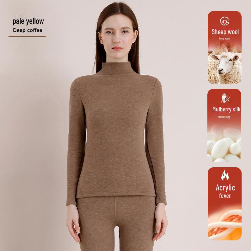 

Женский шерстяной шелковый полуводолазный термокомплект: Верх и низ на бархатной подкладке для зимы M светло-коричневого