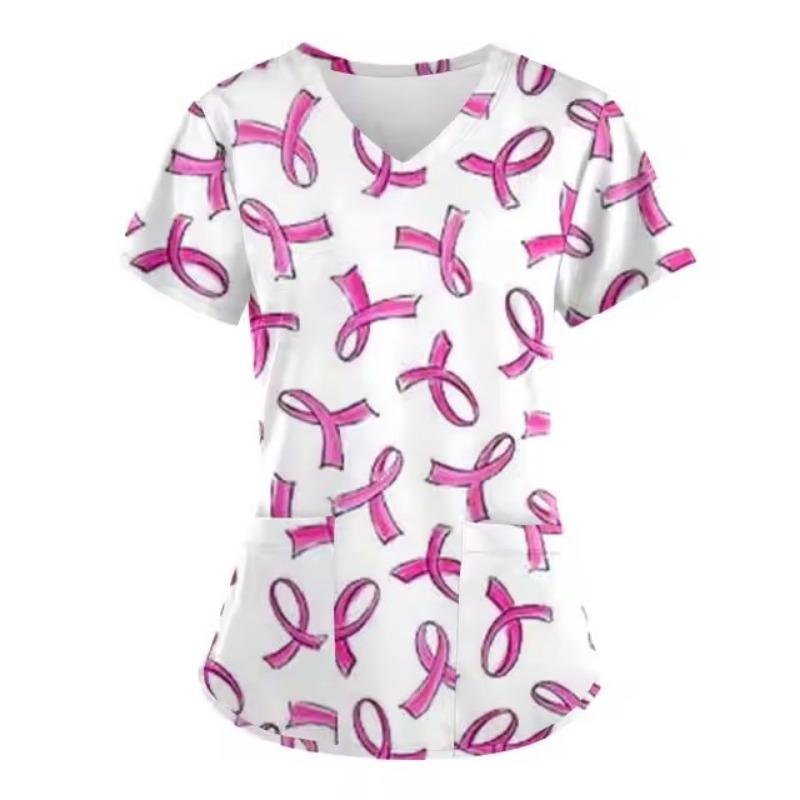 Scrubs Medicinsk Uniform Rosa Bandet Cancerkämpe Grafik Damuniformer V-ringad Kortärmad Toppar med Fickor Scrubs Damer