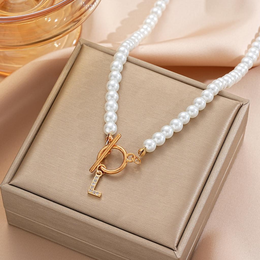Fashion Gold Color Initial Necklace Simple Zircon Letters Pendant Pearl Beads Chain Choker Necklace For Women Boho Jewelry Gifts