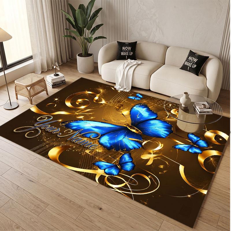 Butterfly Theme Soft Crystal Velvet Rug Custom Name & Text Print Non Slip Floor Rug for Bedroom Living Room