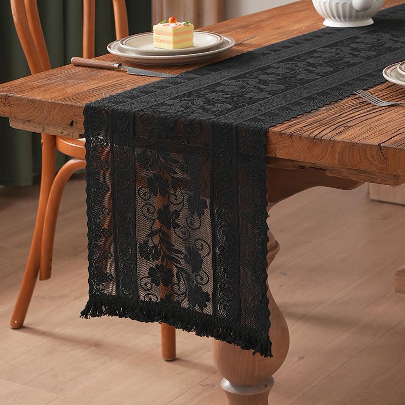 Elegant Nordic White Lace Table Runner with Crochet Tassels - Perfect for Dining or Coffee Tables, Ideal for Christmas Decor.