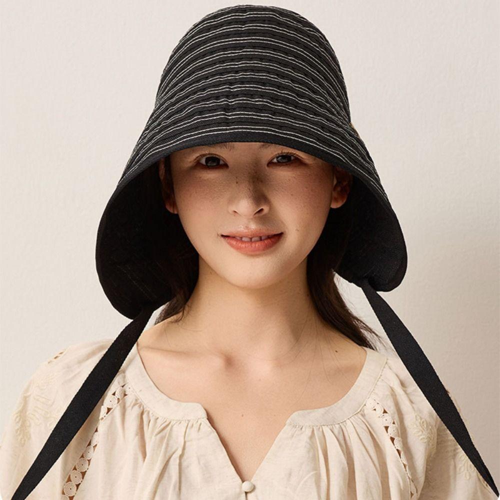 Ribbon Women Striped Fisherman Hat Wide Brim Bucket Hat Casual Summer Sun Hat Hiking