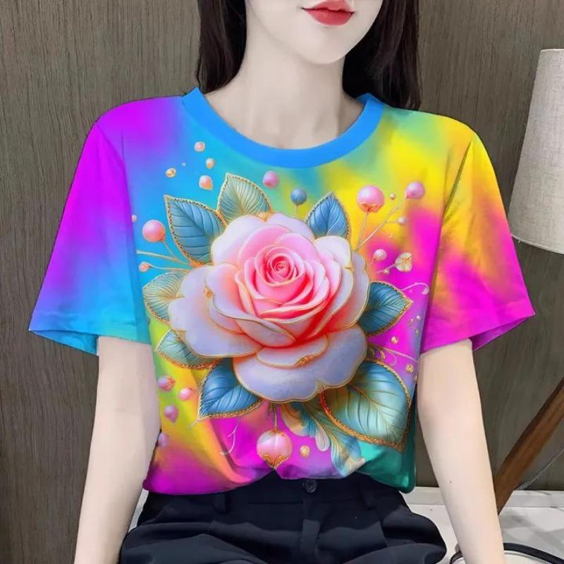 Women s Summer 3D Printed Rose Short Sleeve Fashion T-shirt 2XS