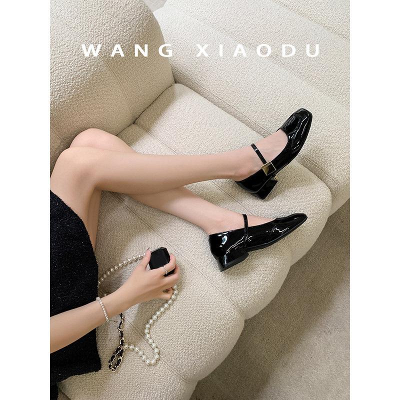 Sheepskin Version~ Metal Buckle Miu Shoes Square Head Mary Jane Shoes Women's French Gentle Commuting Red Thick Heel Single Shoes