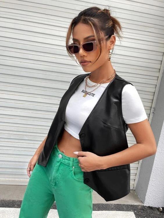 Button Real Leather Waistcoat Black Lambskin Western Vest Coat Women Classic