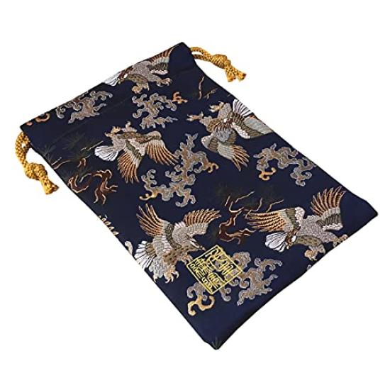 Senshishuin Nishijin Brocade Drawstring Bag Navy Blue Washimatsu Medium Size (Lined) (Japanese Pine)