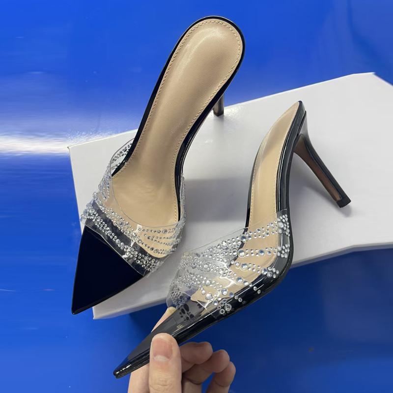 Liyke 7CM/8.5CM Women Fashion Catwalk Transparent Slipper Crystal Rhinestone High Heels Mules Sexy Pointed Toe Party Dress Shoes