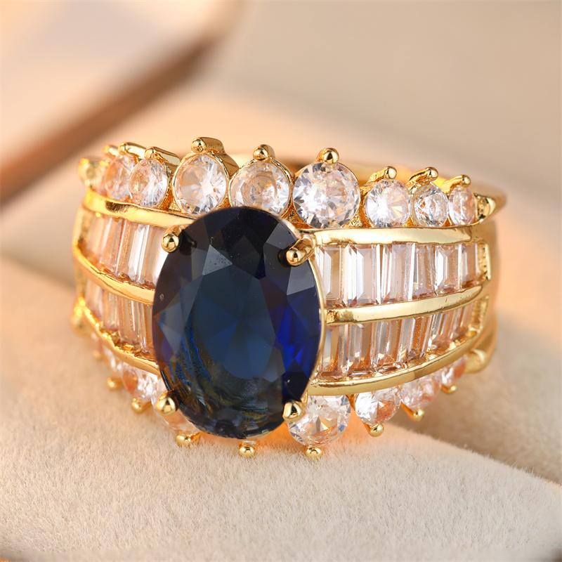 Gorgeous Inlaid White Blue CZ Women's Ring Trendy Gold Color Geometry Daily Wear Party Jewelry Anniversary Gift
