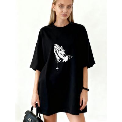 Übergroßes T-Shirt-Kleid Schwarz Betende Hände Mit Rosenkranzkreuz Aufdruck Lässige Streetwear Für Frauen
