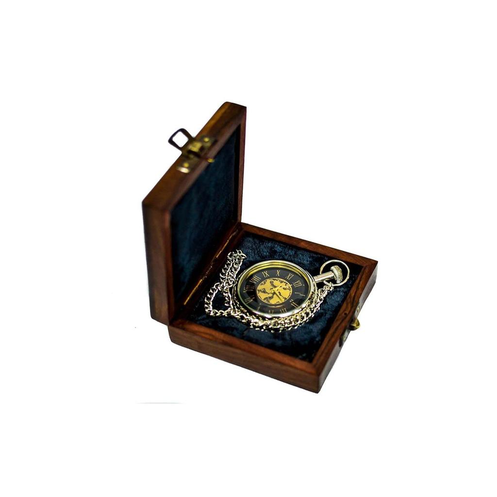 Zegarek kieszonkowy z mosiądzu w stylu vintage 2" z drewnianym pudełkiem | Wykończenie niklowane