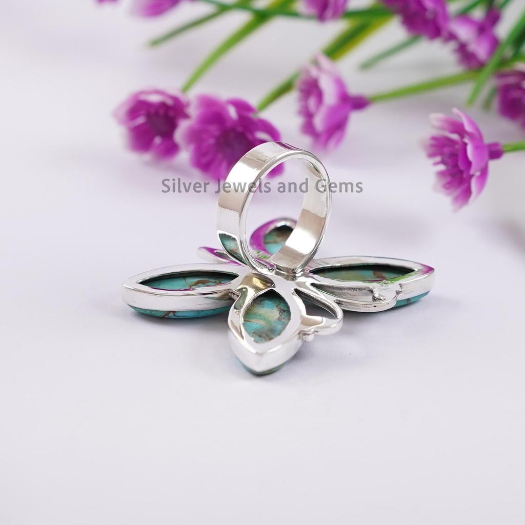Butterfly Ring, Natural Arizona Turquoise Ring, Multi Stone Ring, 925 Sterling Silver Ring, Birthday Ring, Marquise Turquoise Ring