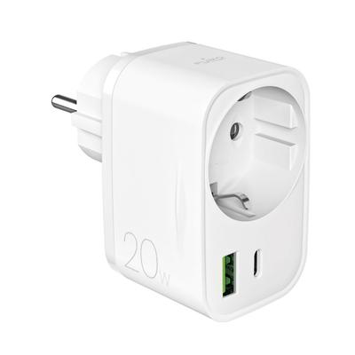 Ładowarka Sieciowa USB-A USB-C Z Gniazdem Schuko PD 20W - Biała