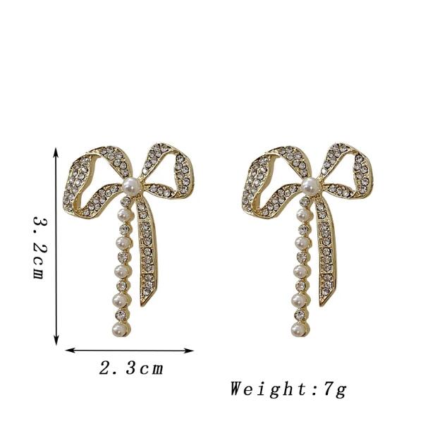Trendy Hollow Twist Bowknot Drop Earrings for Women Party Elegant Sweet Zircon Geometry Crystal Imiation Pearl Dangle Earrings