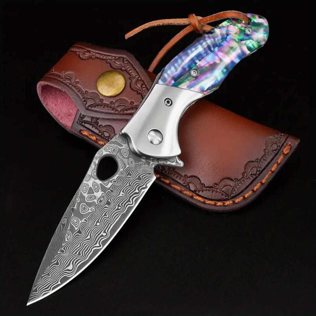 1 piece of high quality Damascus steel pattern folding knife, manual rotating small knife, family fruit knife.