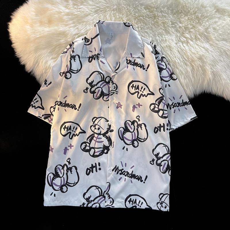 Unisex Vintage Kubakrage Blomsterskjorte - Løs passform, Hong Kong-stil, Kort erm, Perfekt for strand og par