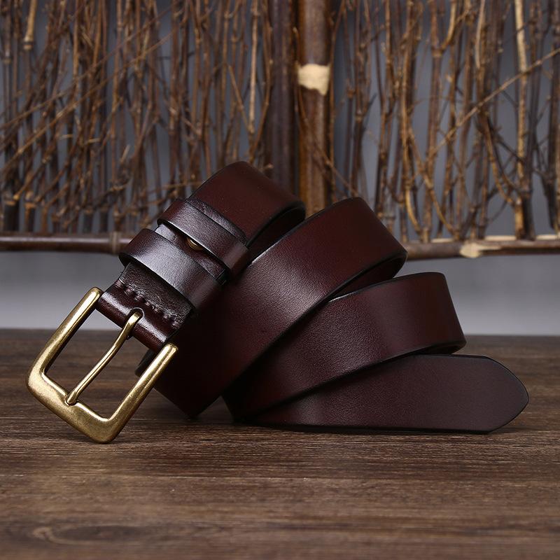 Belt Men's Wide Pure Brass Buckle Leather Pin Buckle First Layer Pure Cattlehide Stylish Simple and Versatile Casual Pants Belt