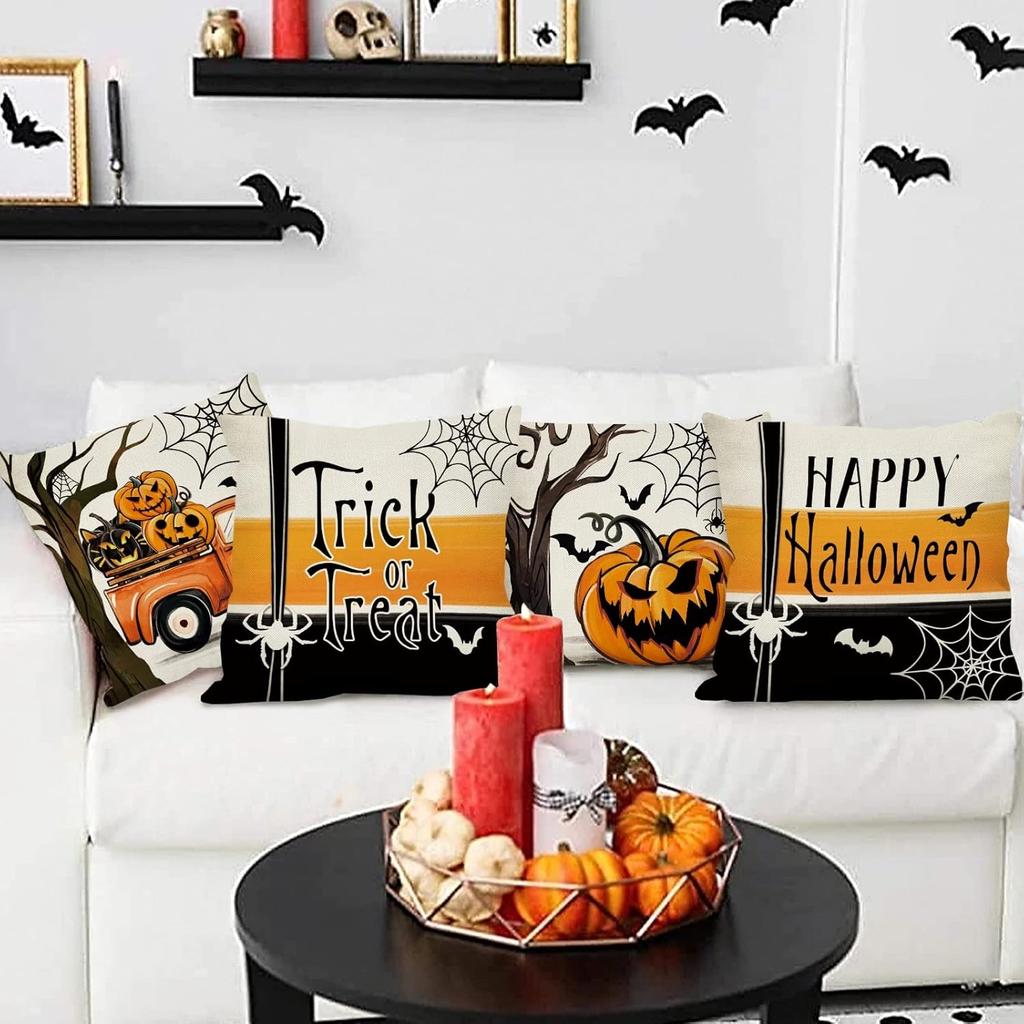 Spooky Halloween Pillow Covers Trick Or Treat, Happy Halloween, And Pumpkin Designs Sofa Cushion Cover